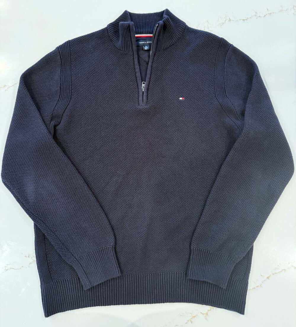 Tommy Hilfiger Men's Navy Blue Textured Quarter-Zip Cotton Pullover Sweater